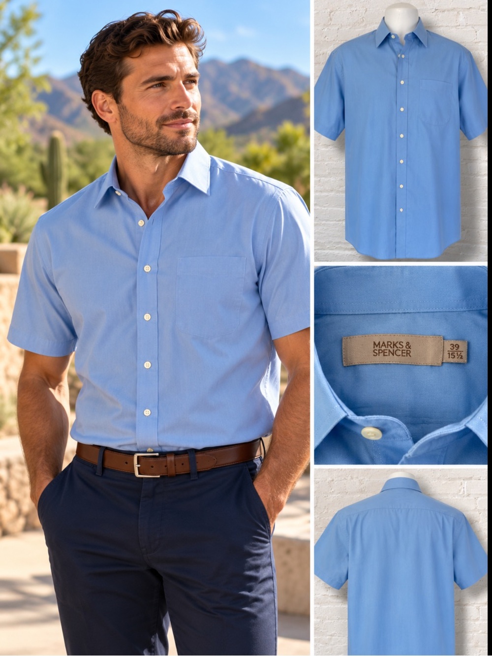 Marks & Spencer Men’s 15.5 39 Pale Blue Short Sleeve Dress Shirt Button Up